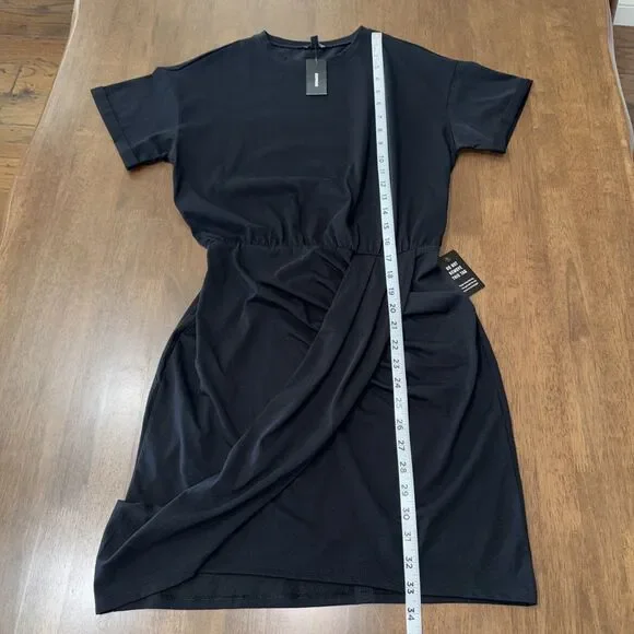 Express Black Ruched Draped Mini Dress NWT Small Stretch Bodycon Cocktail LBD - Picture 9 of 13